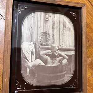 Vintage Rolland Hendrickson Wooden Framed Bathing Cowboy Print Western
